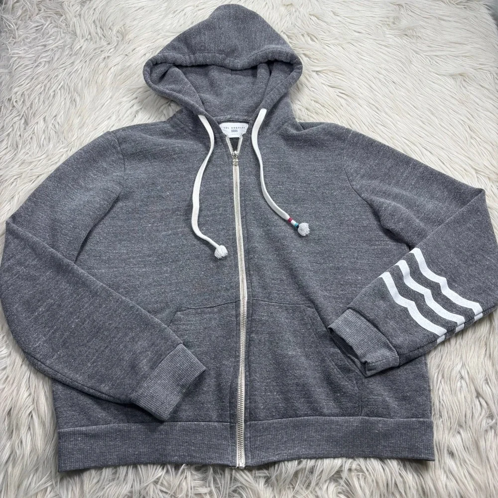 Sol Angeles Women's L Gray Striped Arm Zip Hoodie Athleisure Preppy Sporty - Picture 1 of 6